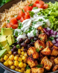 Fresh chicken burrito bowl with tomatoes, avocado, and black beans
