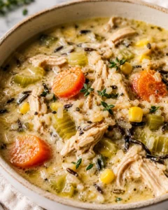 Creamy chicken and wild rice soup with vegetables in a rustic pot