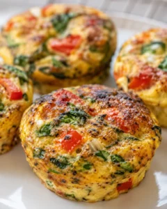 Close-up of golden-veggie egg muffins with red peppers, spinach, and herbs on a white plate