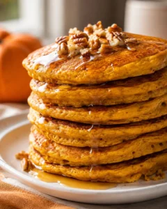 Stack of pumpkin pancakes drizzled with maple syrup and walnuts on a white plate