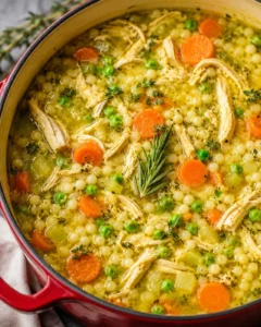 top-down view of a red pot filled with chicken, pearl couscous, carrots, peas, and herbs in golden broth