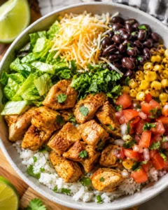 Colorful chicken burrito bowl with rice, beans, vegetables, and cheese on a plate.