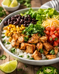Colorful chicken burrito bowl with fresh toppings and rice on a wooden table.