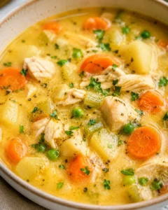 creamy chicken stew with carrots, potatoes, and peas in a rustic pot