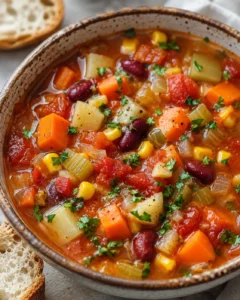 rustic bowl of chunky vegetable stew with carrots, potatoes, corn, beans, tomatoes, and parsley