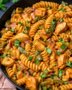 Delicious high-protein chicken fajita pasta with colorful peppers and tender chicken pieces