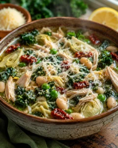 Rustic ceramic bowl of steaming chicken, artichokes, beans, kale, and grated cheese soup.