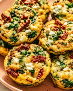 Close-up of colorful, baked egg bites with sun-dried tomatoes and feta cheese.
