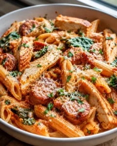 Delicious high protein pasta with chicken, sausage, and fresh herbs in a creamy sauce.