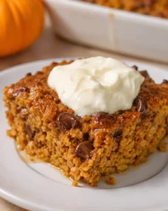 Square slice of pumpkin-spice crumb cake topped with cream cheese frosting on a white plate.