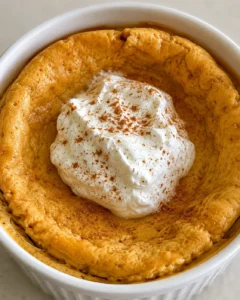 orange pumpkin dessert in a white ramekin topped with whipped cream and cinnamon dusting