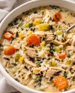creamy chicken and wild rice soup with carrots, celery, corn, and thyme in a white bowl