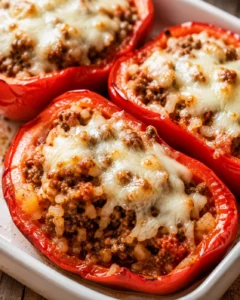 Colorful keto stuffed red bell peppers filled with ground beef and cheese.