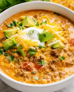 Creamy, cheesy keto taco soup with avocado, sour cream, and cilantro topping.
