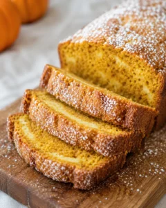 slices of pumpkin loaf cake on a wooden board, dusted with powdered sugar