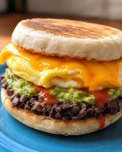 Close-up of a homemade protein breakfast sandwich with eggs, cheese, and beans