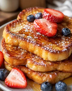 Close-up of crispy and fluffy protein French toast topped with fresh strawberries and blueberries.