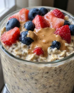 Glass jar of overnight oats topped with sliced strawberries, blueberries, and peanut-butter drizzle.