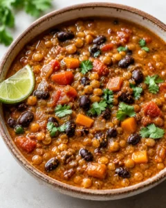 Warm, hearty black bean and lentil soup with vegetables and spices in a bowl.