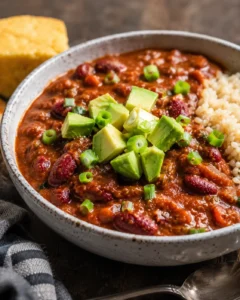 bowl of chili with avocado chunks, green onions, rice, and cornbread on a wooden table