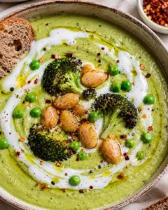 Creamy green vegetable and bean soup with topping and bread