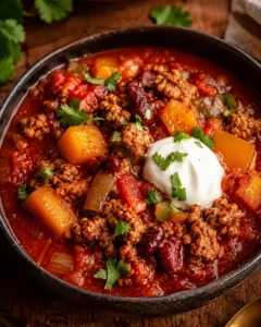 Rustic bowl of chunky chili with meat, beans, squash, and a dollop of sour cream topped with cilantro