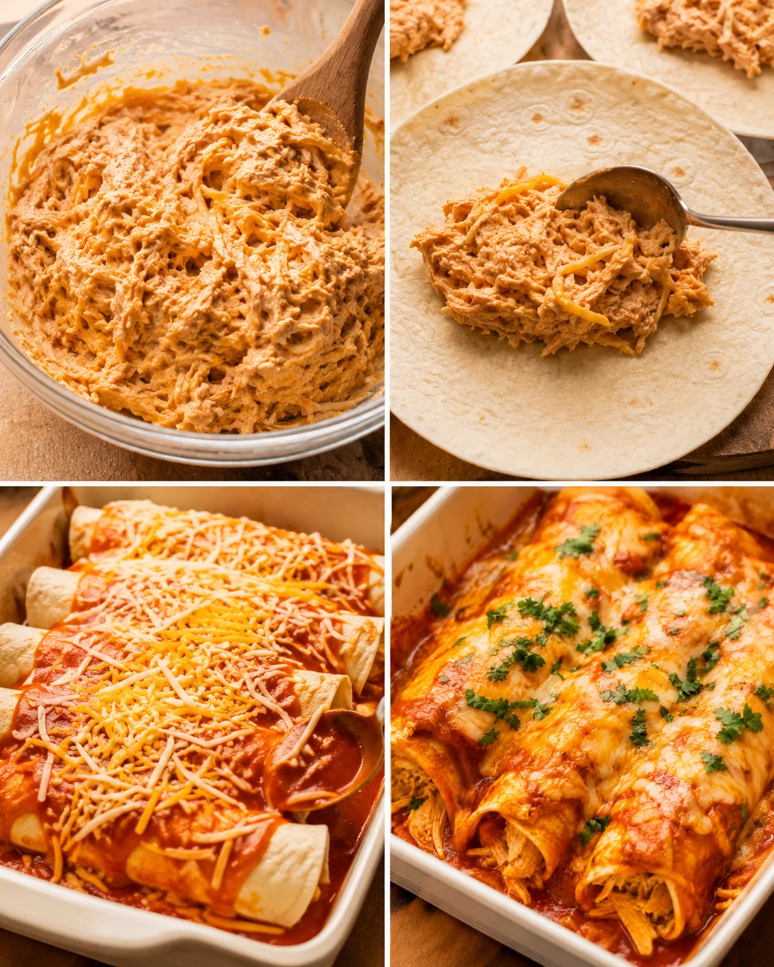 Four-panel collage showing mixing the filling, spooning onto tortillas, saucing and baking enchiladas