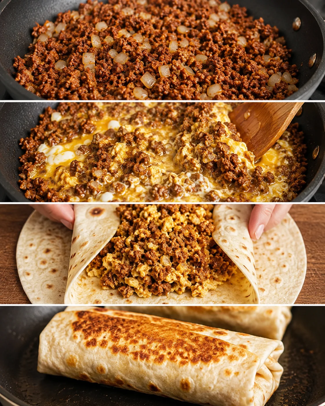 Collage showing steps to make the high protein breakfast burrito: browned chorizo, eggs added and cooked, filling wrapped in a tortilla, and toasted burrito