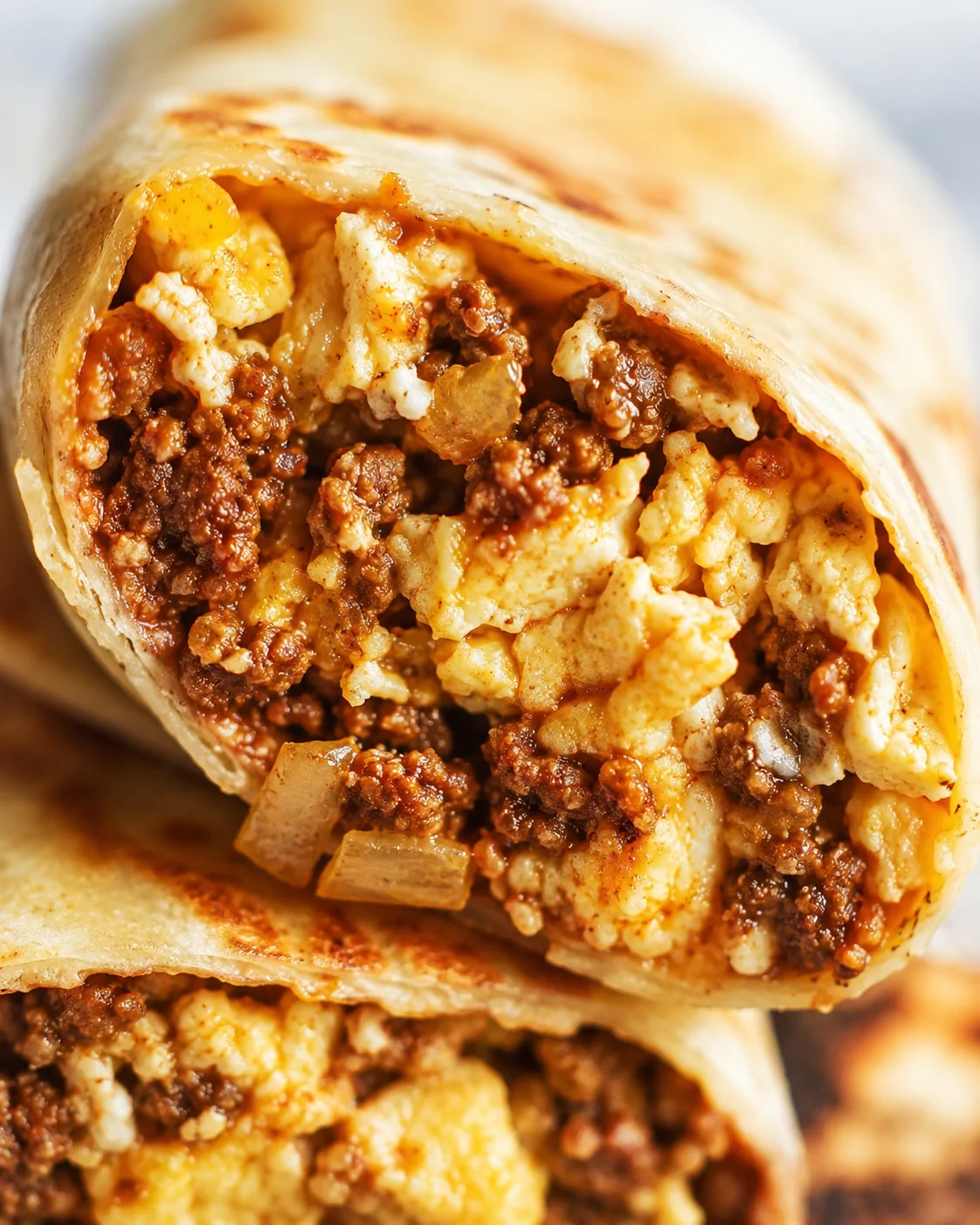 Close-up detail of high protein breakfast burrito filling with scrambled eggs, lean beef chorizo and diced onion