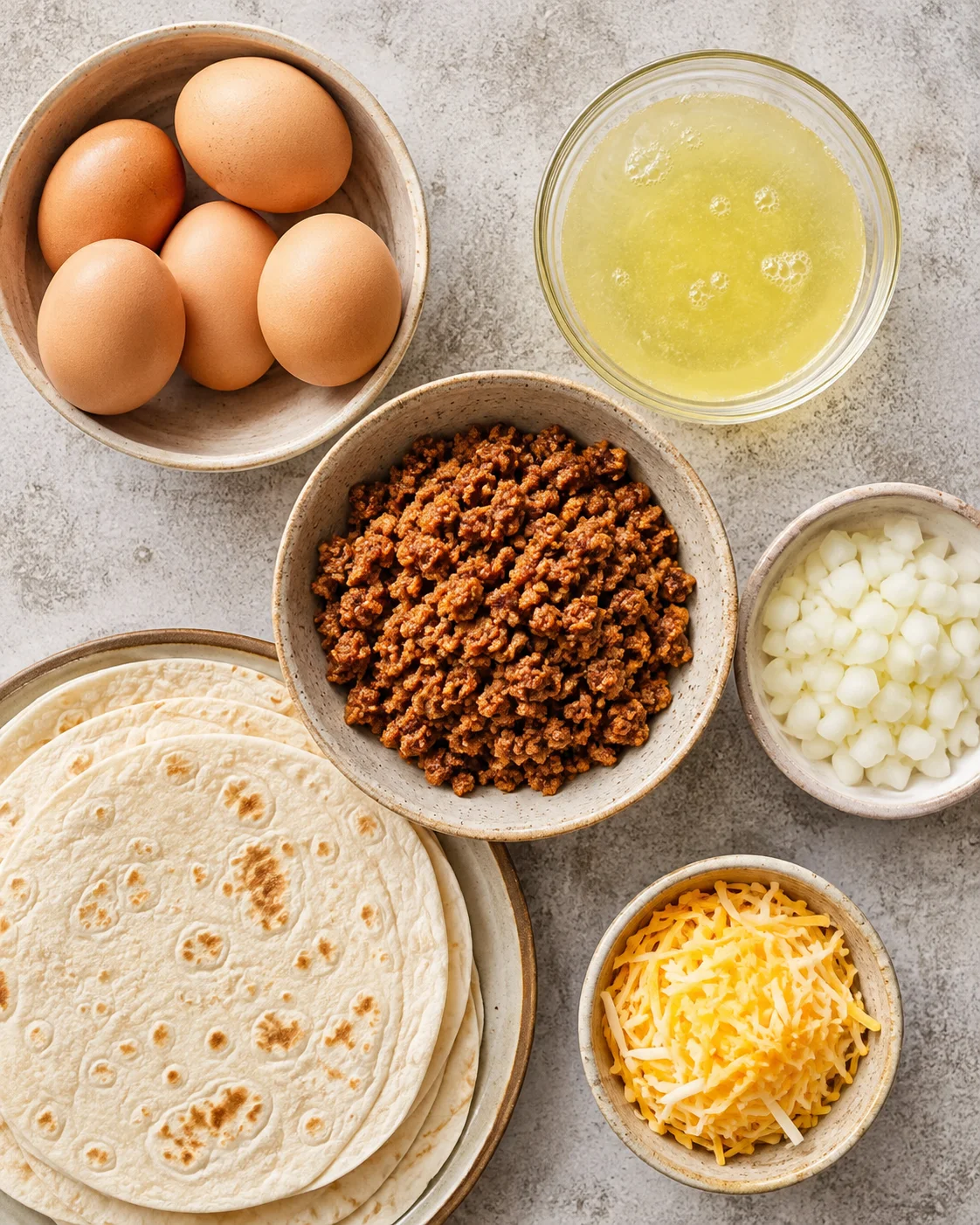 Top-down arrangement of ingredients for high protein breakfast burritos: eggs, egg whites, cooked chorizo, tortillas, cheese and chopped onion