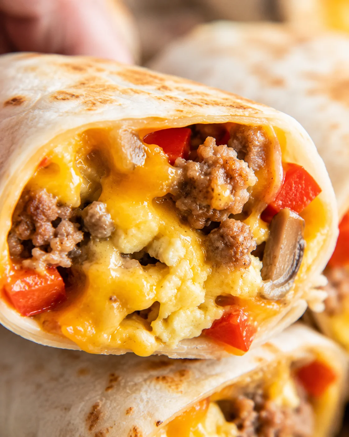 Detailed interior view of a breakfast burrito showing eggs, sausage, peppers, mushrooms and cheese