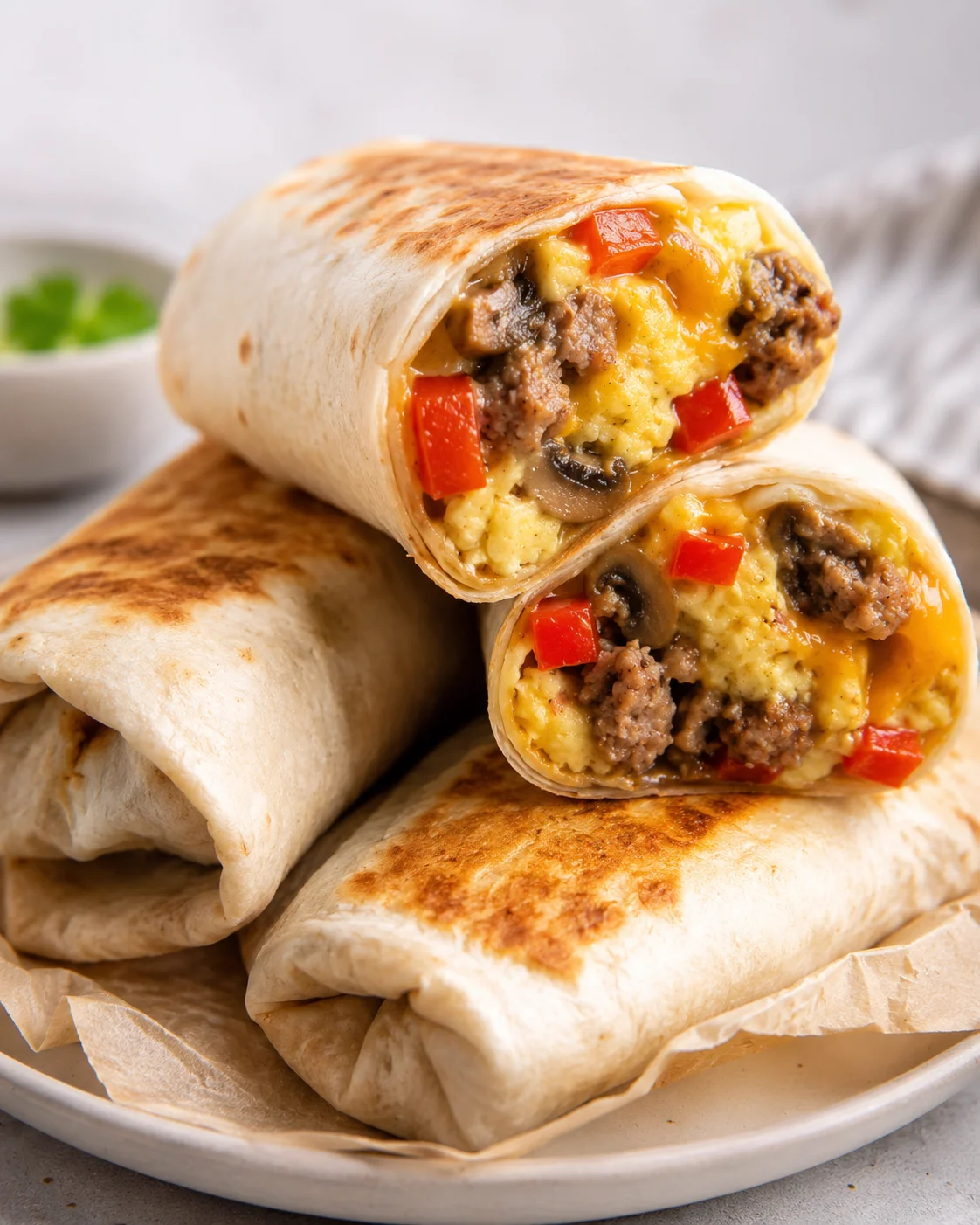 Toasted breakfast burritos stacked on a plate with a halved burrito showing filling
