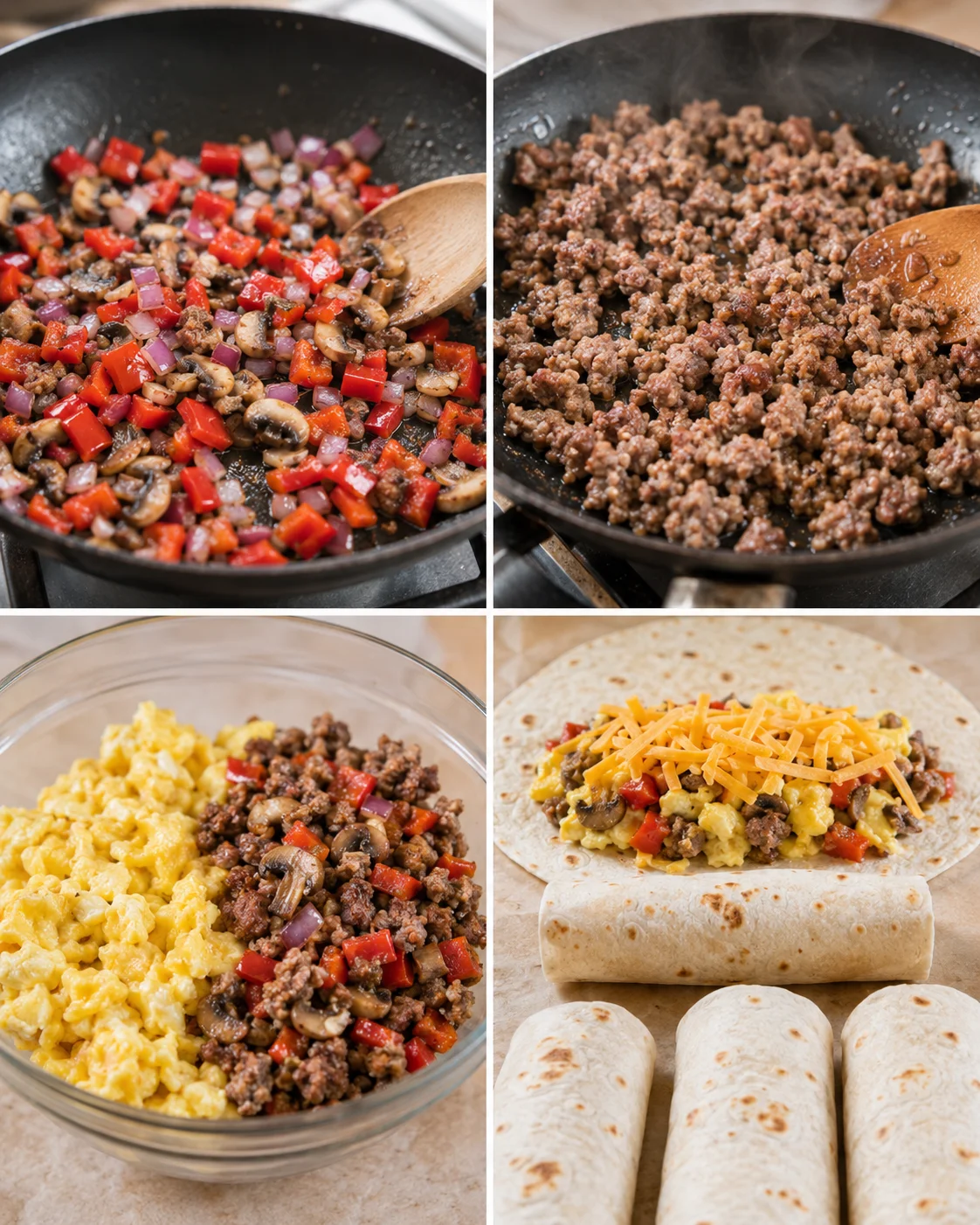 Four-panel collage showing sautéing vegetables, browning sausage, mixing eggs and sausage, and assembling burritos