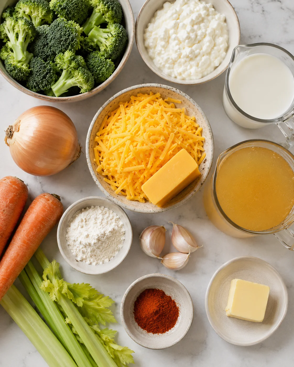 Top-down view of ingredients for high protein broccoli cheddar soup including broccoli, cottage cheese, shredded cheddar, milk and broth