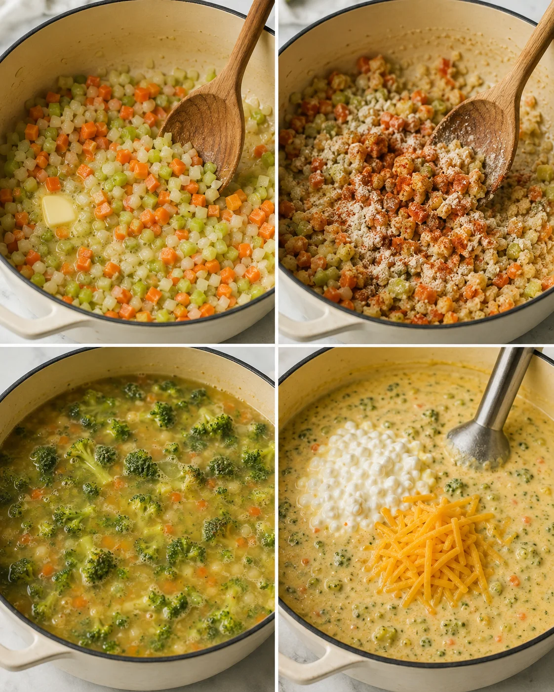 Four-panel collage showing key cooking steps for high protein broccoli cheddar soup