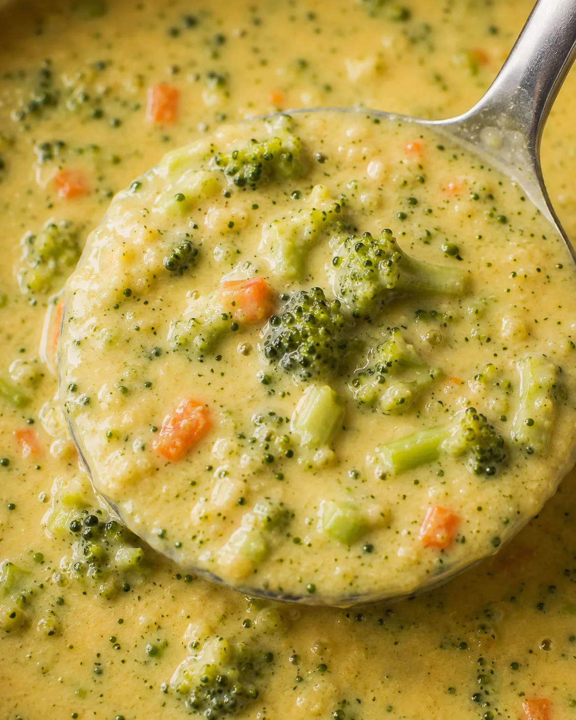 Macro detail of broccoli florets and creamy cheese in high protein broccoli cheddar soup