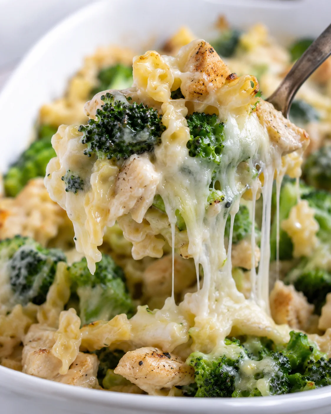 Spoon lifting a cheesy, broccoli-and-chicken portion from a chicken alfredo bake with strands of melted cheese
