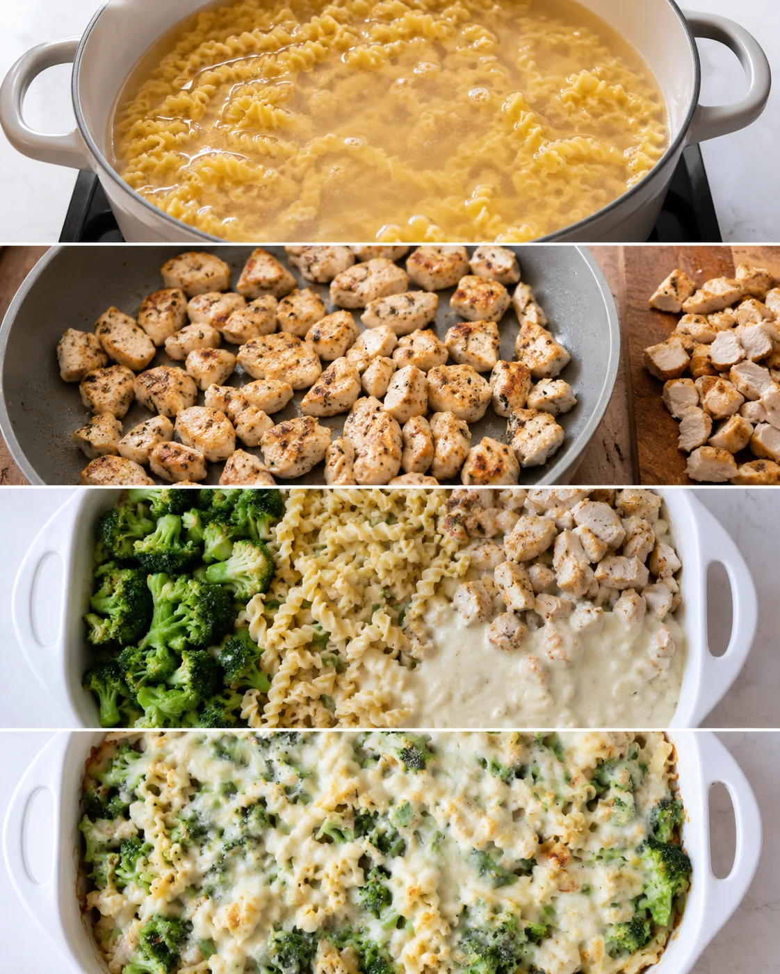 Four-step collage showing pasta boiling, chicken cooking, ingredients assembled in a baking dish, and the baked casserole