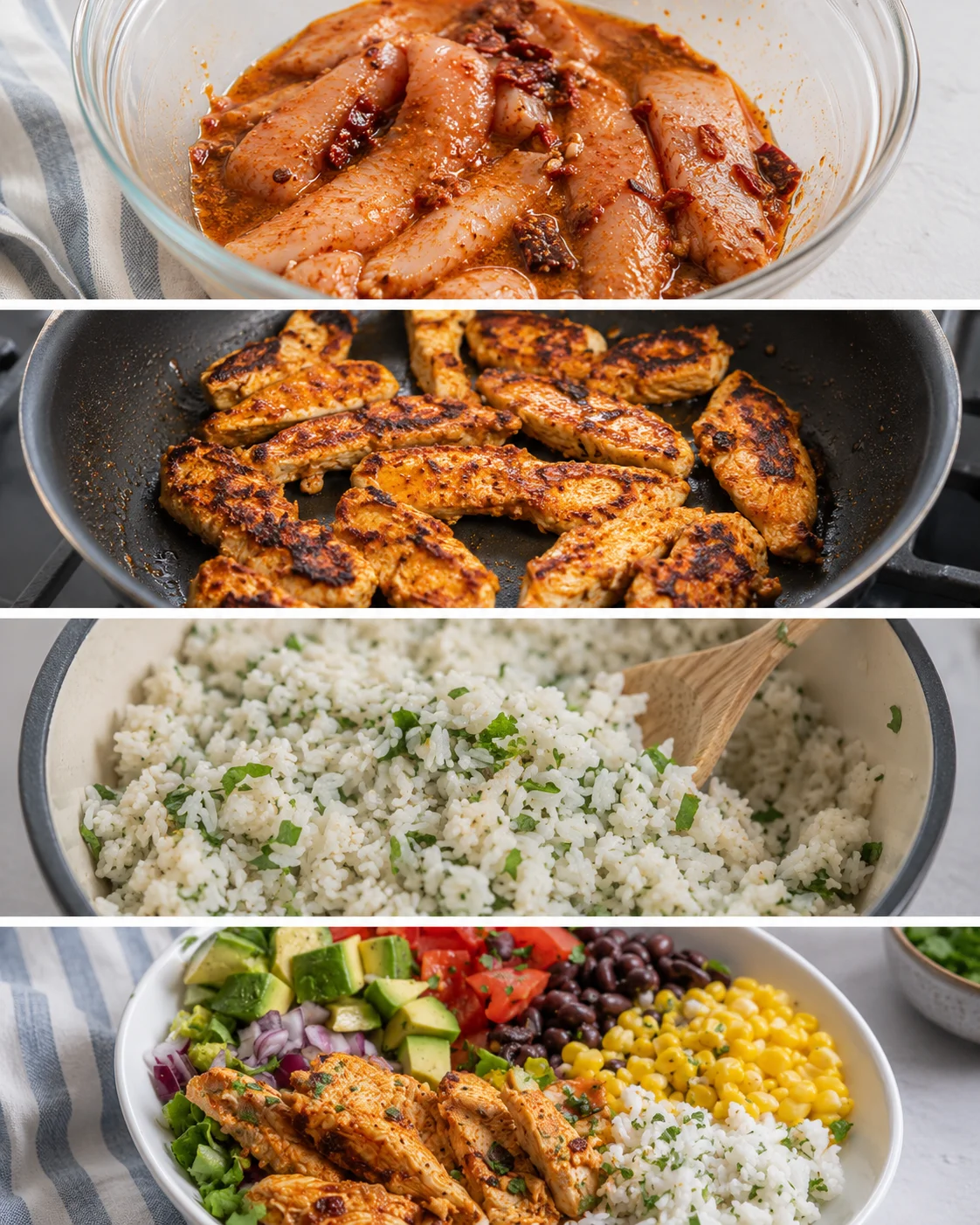 Montage showing chicken marinating, chicken cooking in a skillet and cilantro-lime rice for Chicken Burrito Bowl