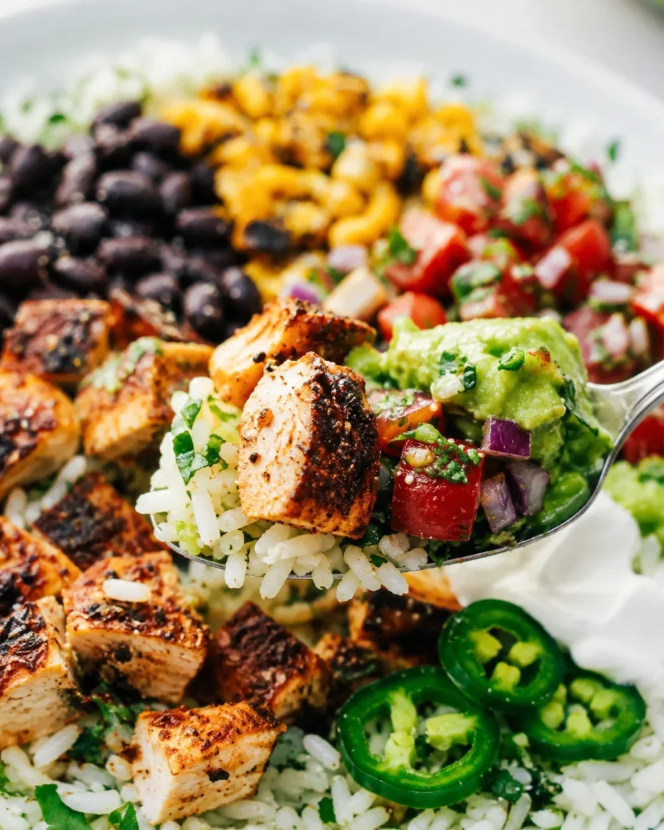 Close-up spoonful of chicken burrito bowl showing rice, seasoned chicken cube, pico and guacamole