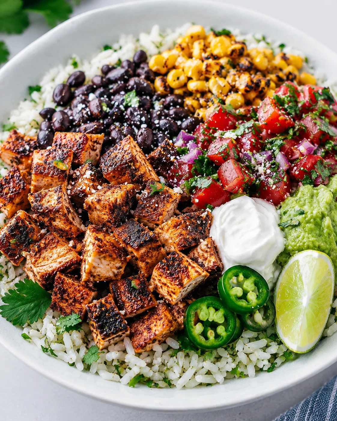 Close-up chicken burrito bowl with seasoned chicken, cilantro-lime rice, black beans, charred corn, pico, guacamole and lime