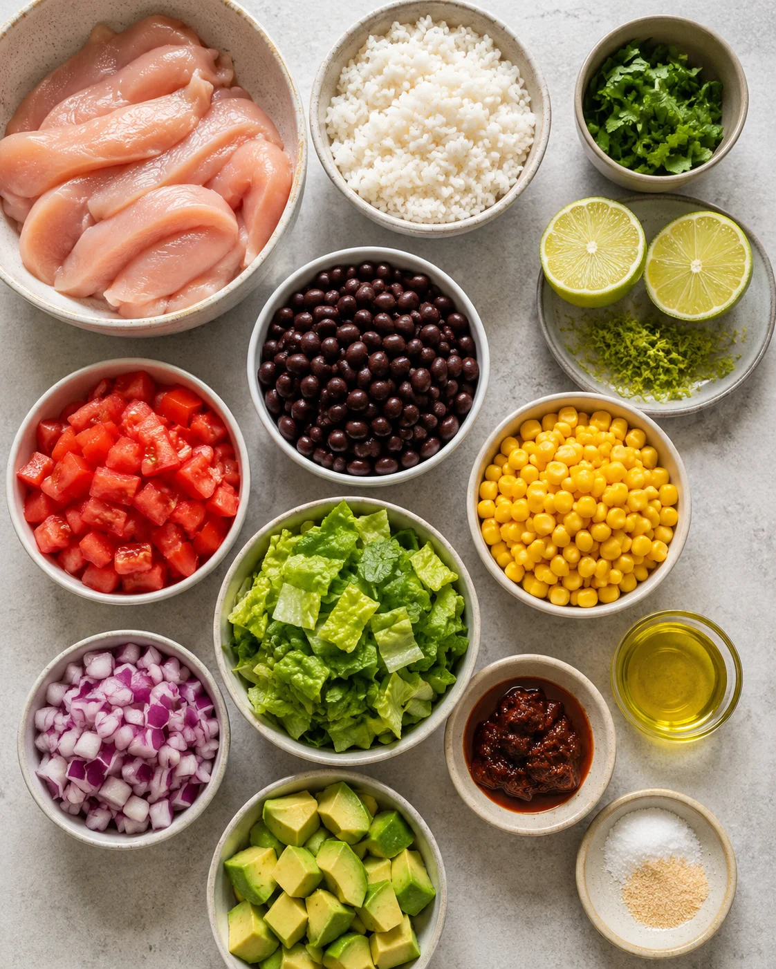 Top-down layout of Chicken Burrito Bowl ingredients including raw chicken, rice, black beans, corn, avocado, tomato, onion, lime and cilantro