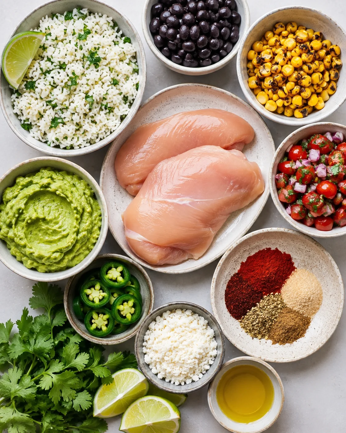 Top-down display of ingredients: raw chicken breasts, cilantro-lime rice, black beans, charred corn, spices, guacamole, jalapeños and lime