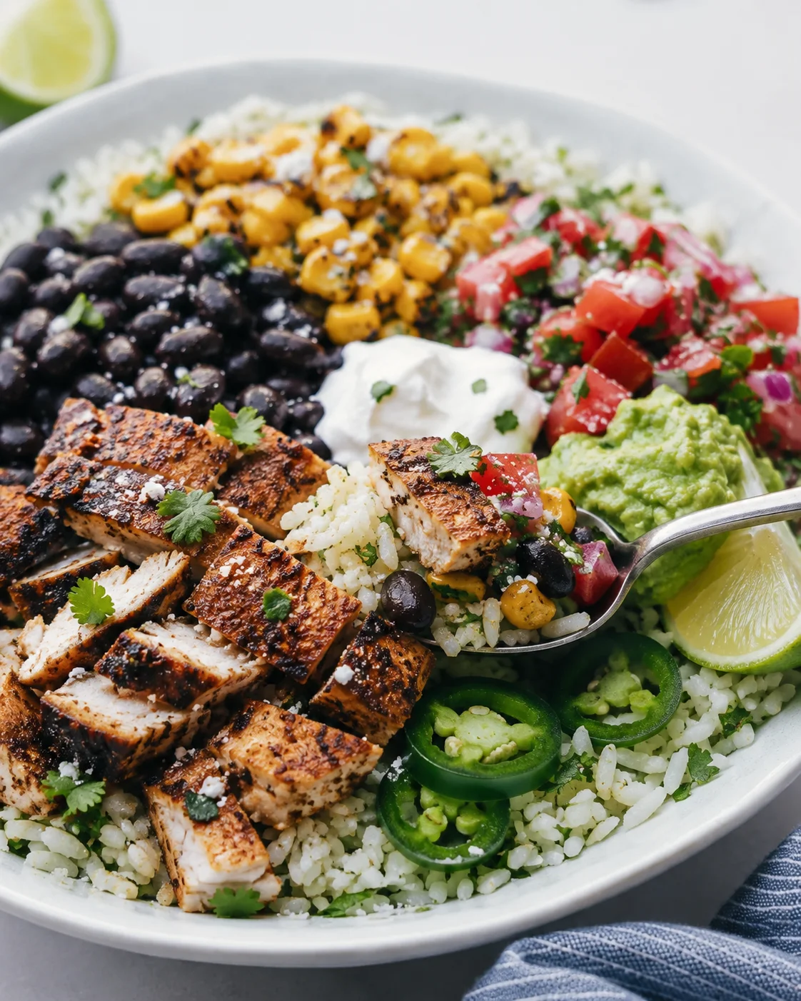 Chicken burrito bowl with spoon lifting rice, chicken, black beans, corn and guacamole