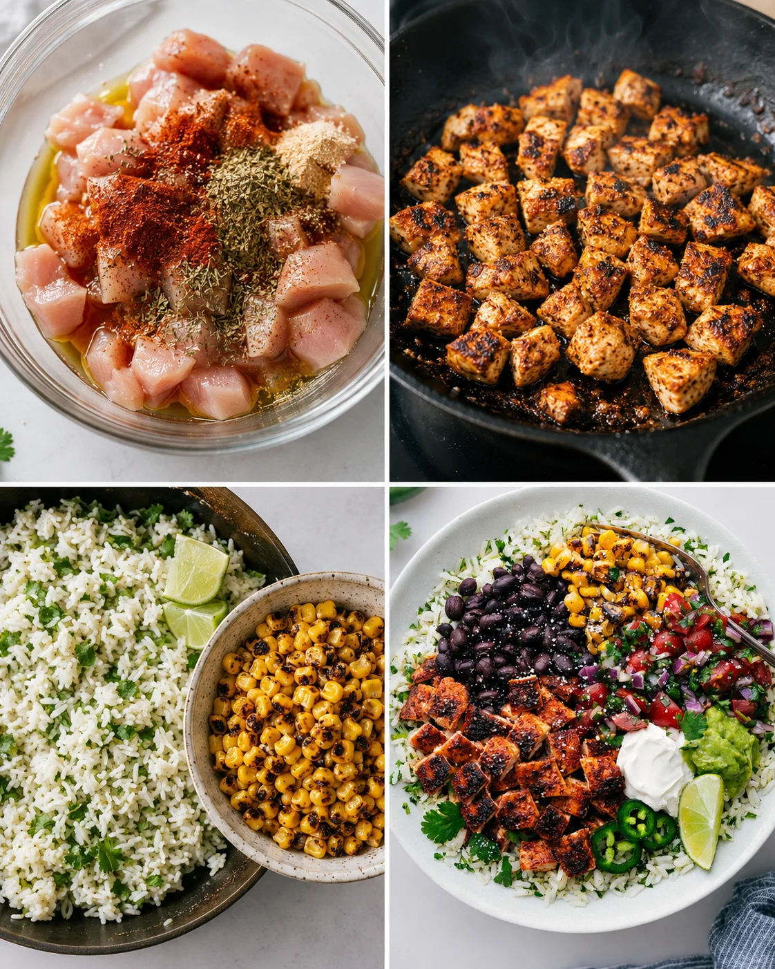 Four-panel process images showing chicken marinating, searing, rice and corn, and assembled bowl