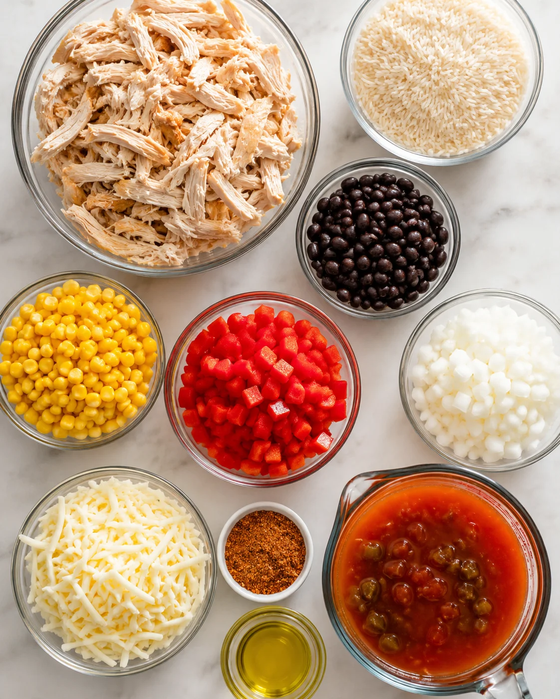 Top-down view of measured ingredients for chicken burrito casserole including shredded chicken, rice, black beans, corn, diced red pepper, onion, cheese, spices