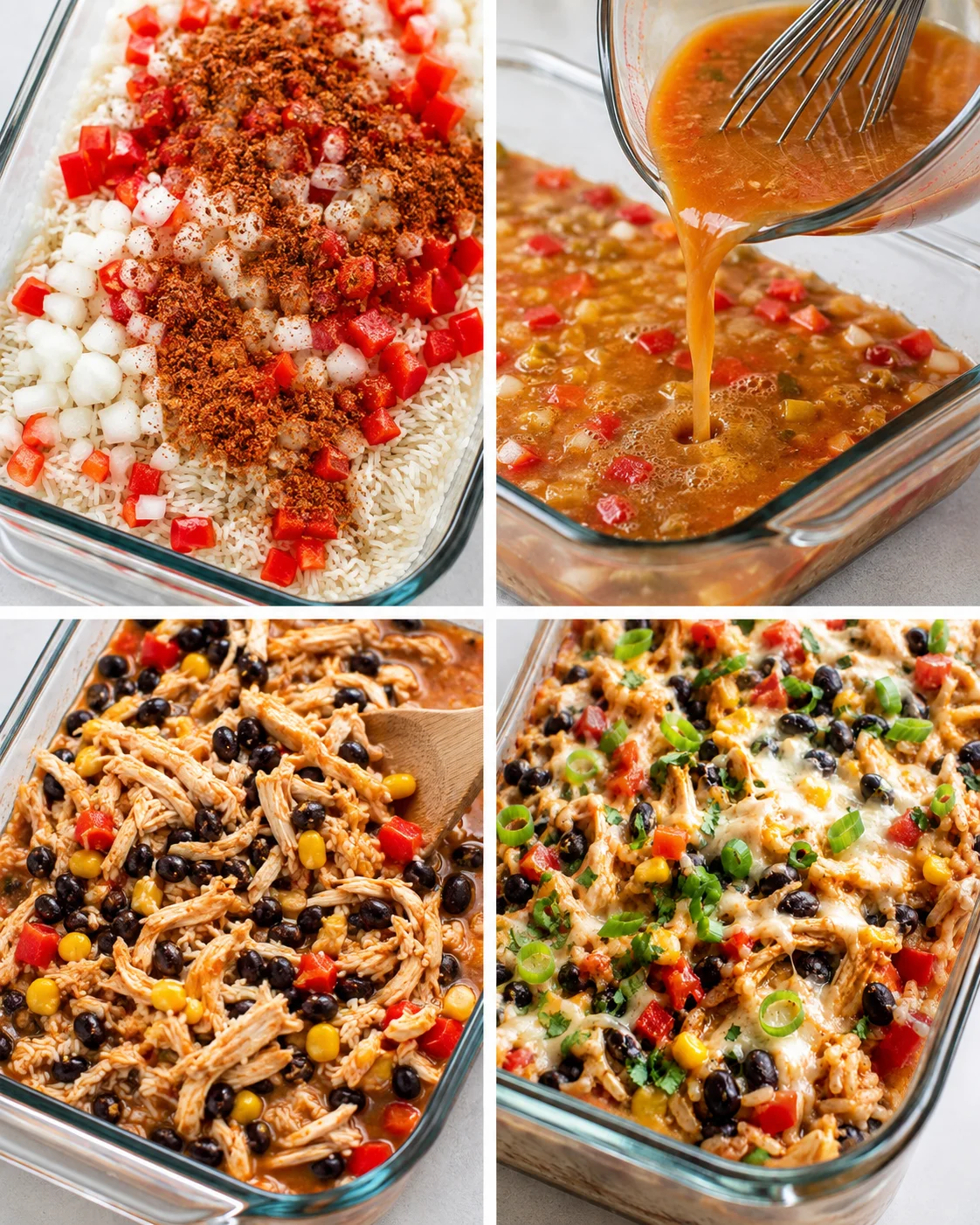 Four-step collage showing rice and vegetables in dish with seasoning, broth being poured, chicken and beans stirred, and finished baked casserole