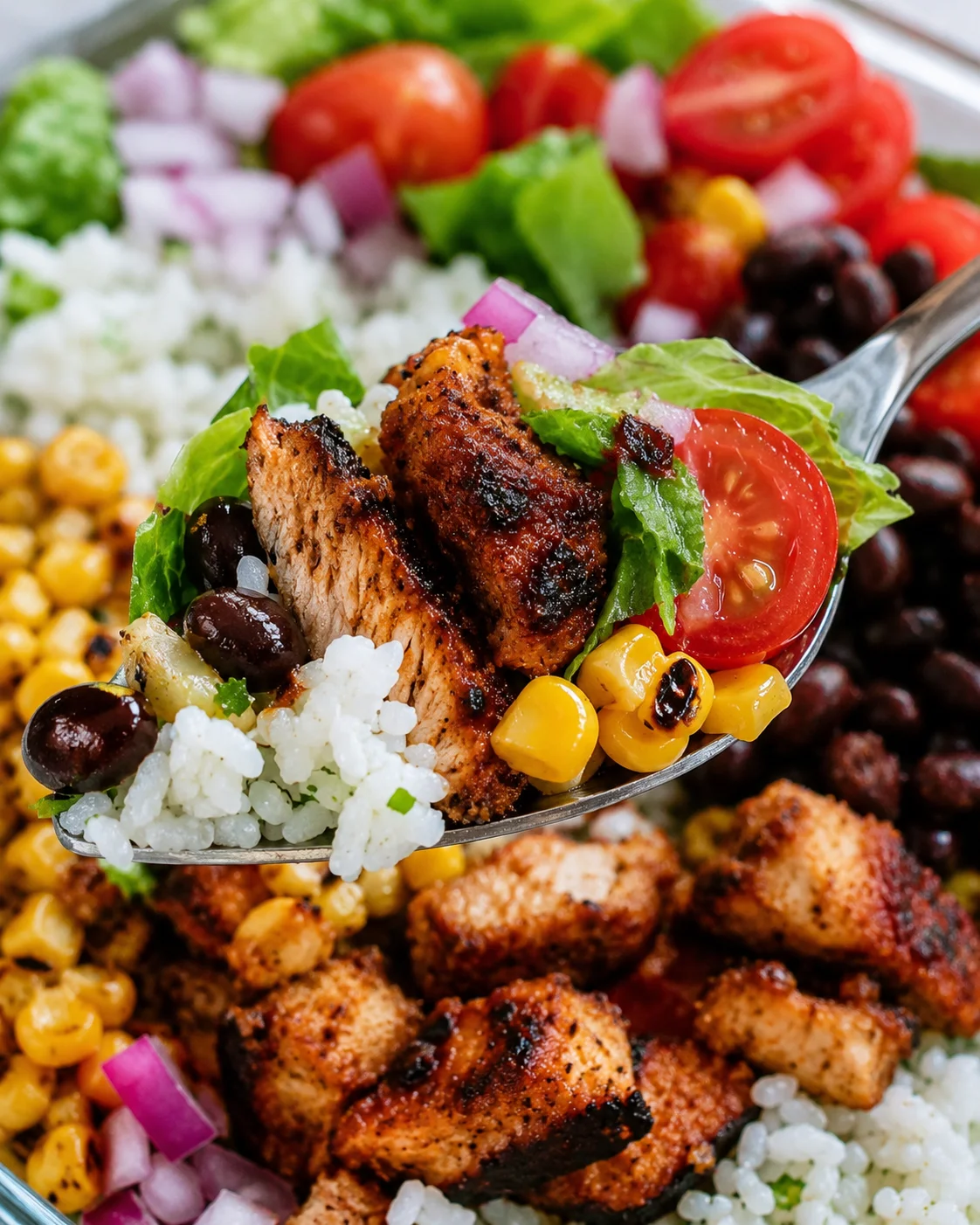 Close-up forkful showing interior texture of chipotle chicken with rice, corn, beans and tomato
