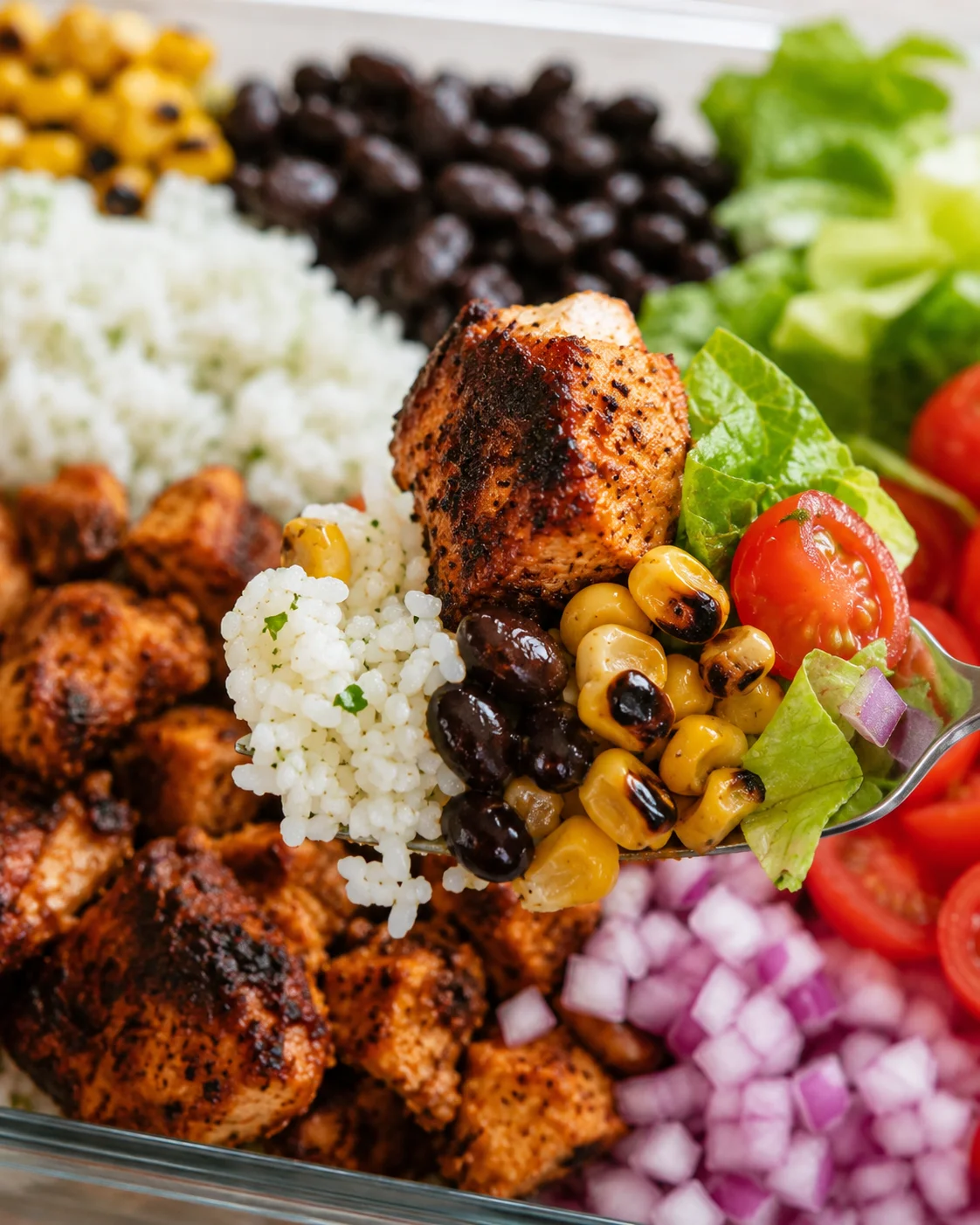 Forkful of chipotle chicken bowl showing charred chicken, rice, corn, beans and lettuce