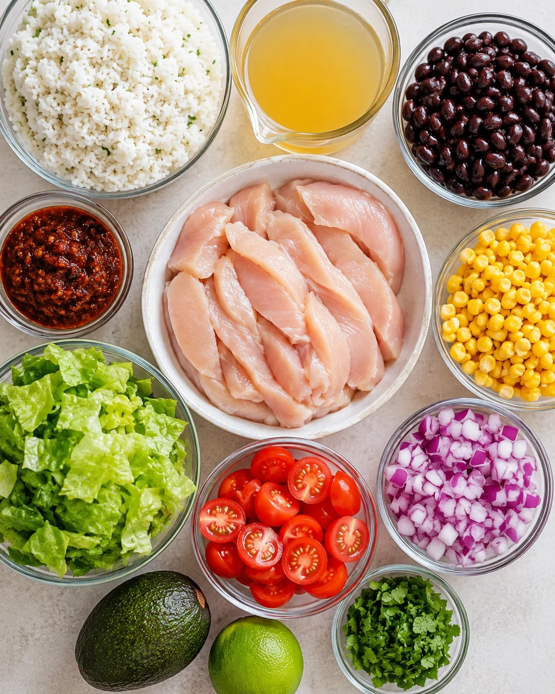 Top-down ingredients for chipotle chicken meal prep bowls including raw chicken, rice, bone broth, black beans, corn, tomatoes, onion, cilantro and lettuce